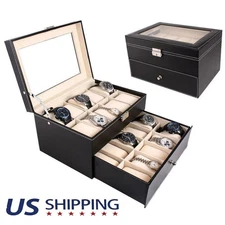 Watch Box 20 Slot Watch Cases for Men with Large Glass Lid 2-Tier Watch Display