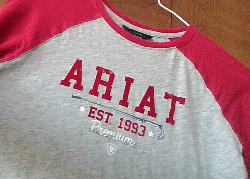 Ariat Logo Flock Youth L /12 Long Slv Shirt Riding Crop Cowgirl Horse Rodeo FLAW