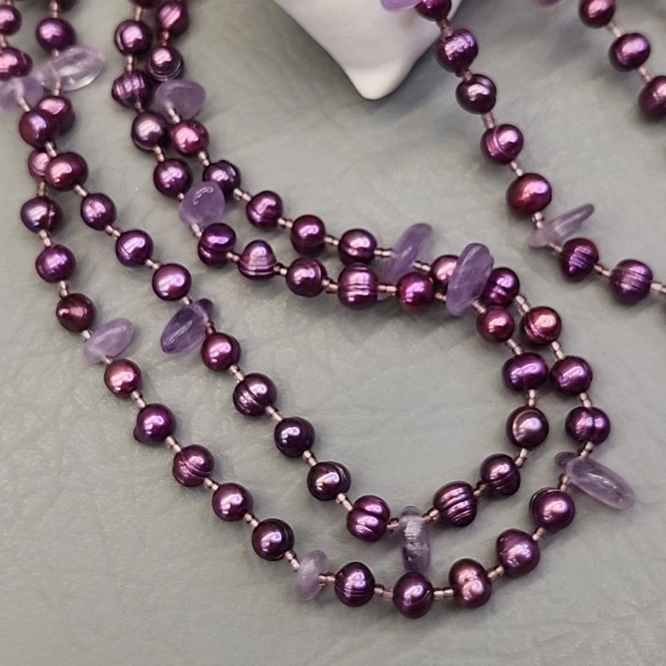 Collar con cuentas de perlas de agua dulce teñido púrpura amatista piedra detalles largo 70" Foto 2 de 4