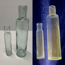 Vintage Old Aqua Blown Manganese UV Reactive Chemist Vial Medicine Bottle Pair