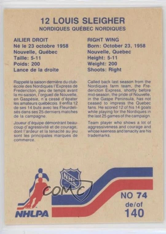 1983-84 Vachon Cakes Louis Sleigher #74 Rookie RC - Image 2 of 2