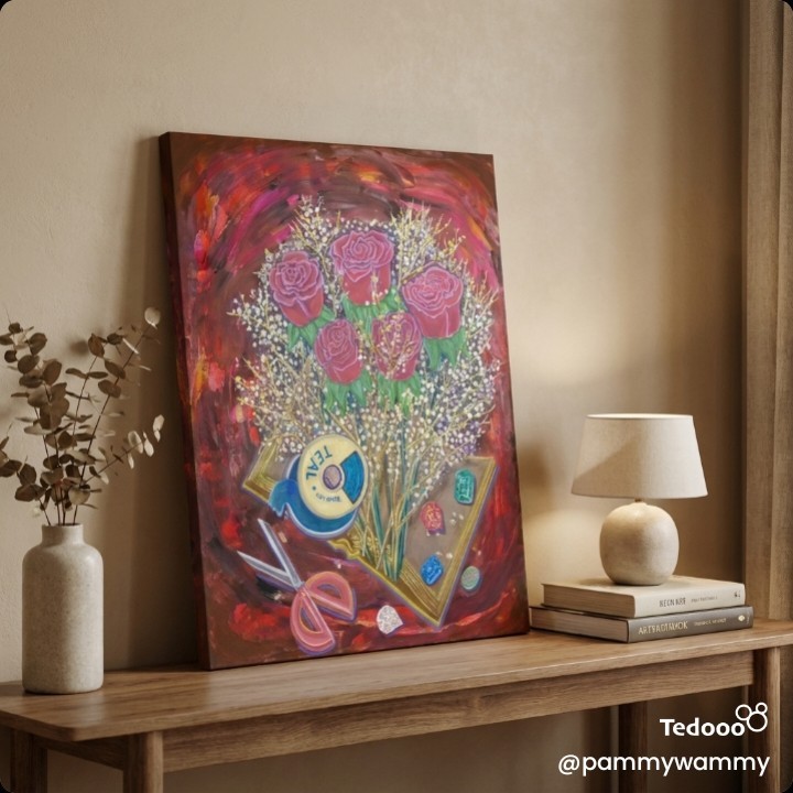Title: Roses, Ribbon, Rubies & More, 16x20 acrylic on can hand painted origional