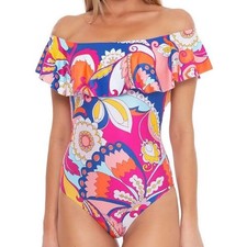 Trina Turk sz 8 Sevilla off shoulder one piece swimsuit pink multi vacation boho