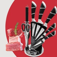 9 Piece Kitchen Knife Set with Block & Sharpener Stainless Steel Meat Cleaver