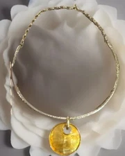 Lia Sophia Gold Tone Abalone Shell Pendent W/Gold Tone Choker Necklace Fashion