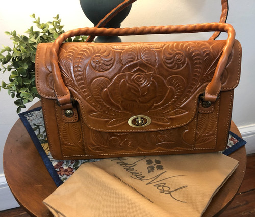 Patricia Nash Tooled Leather Satchel Handbag Rose Floral Tooled Fold Over Bag