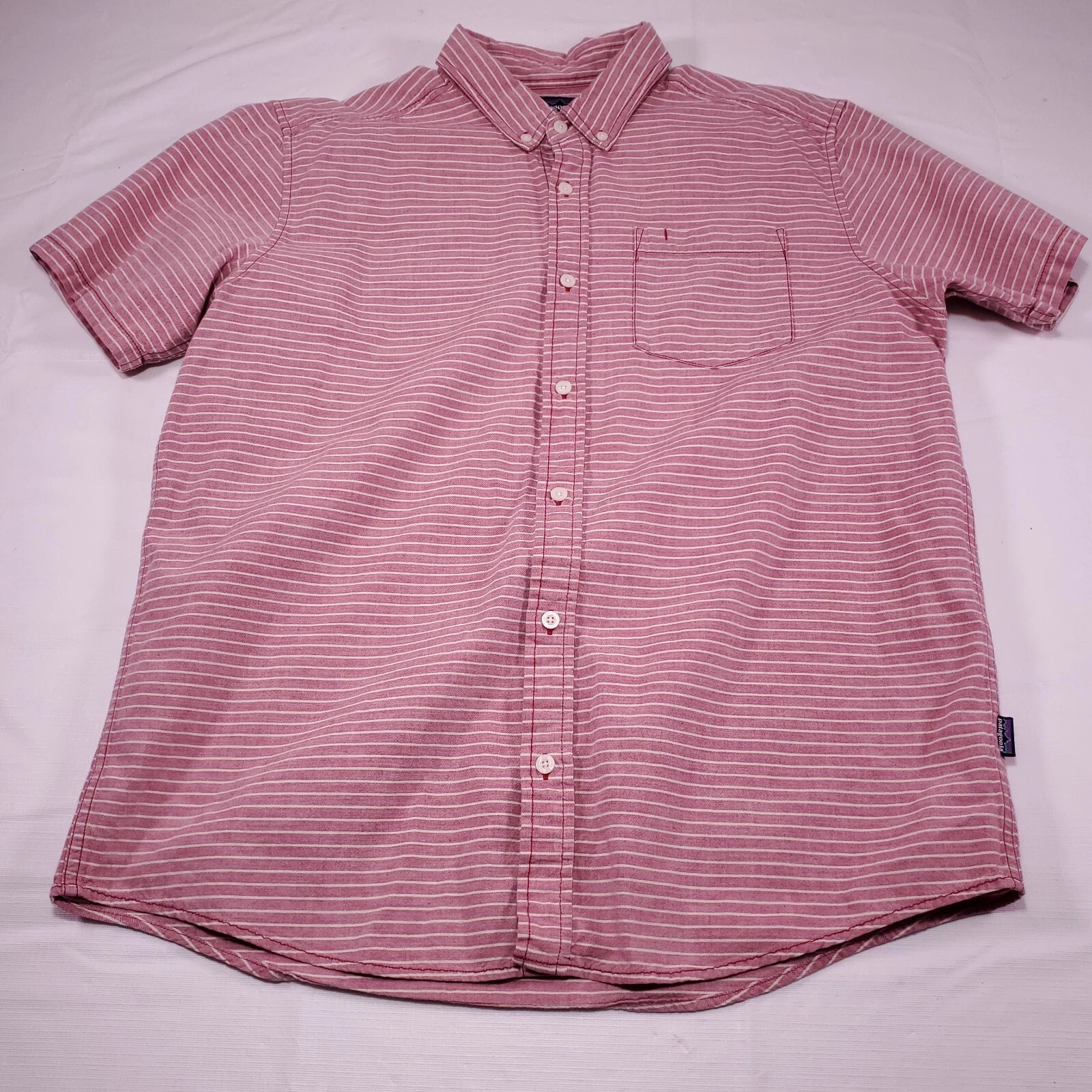 Patagonia Men's Button Up Shirt L Pink SS Fishing Camping Hiking Organic Striped
