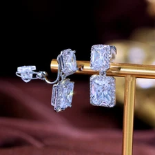 Dazzling Baguette Zircon Crystal Clip On Non Pierced Drop Earrings Silver Plated