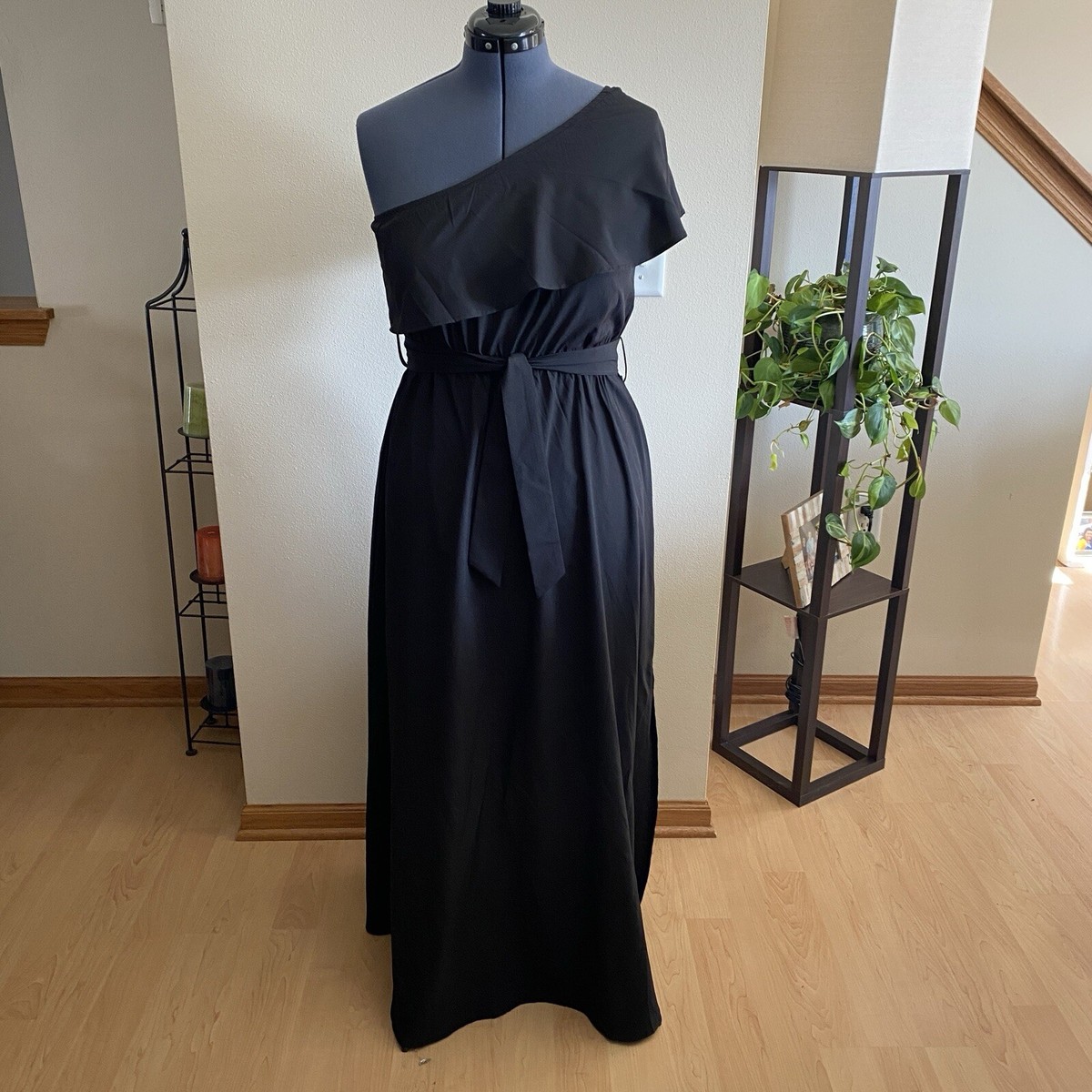 asymmetrical black tie dress NEW Full-Length Formal w/ One Sleeve, Waist Tie, sz 2XL and special evenings Size SubCat:Formal-Dress Gabrielle Square Neck Crepe Color:Ivory(photo color)