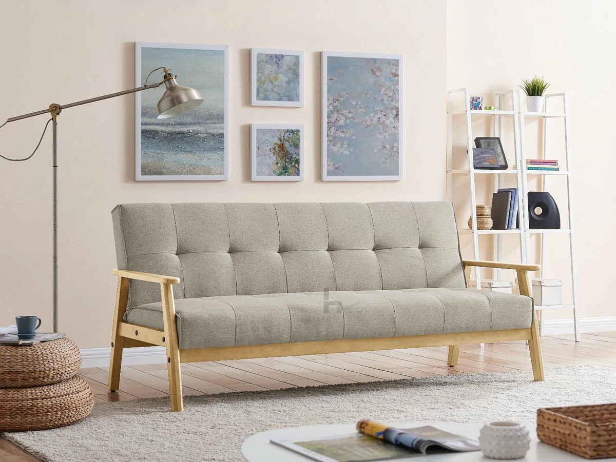 Fabric Sofa Bed 3 Seater Wooden Frame Scandinavian Design Sofabed Recliner