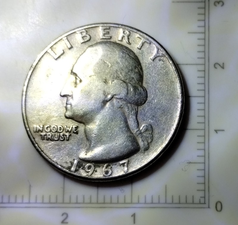 1967 WASHINGTON QUARTER NO MINT MARK CIRCULATED CN LETTERS ON THE RIM. W67P