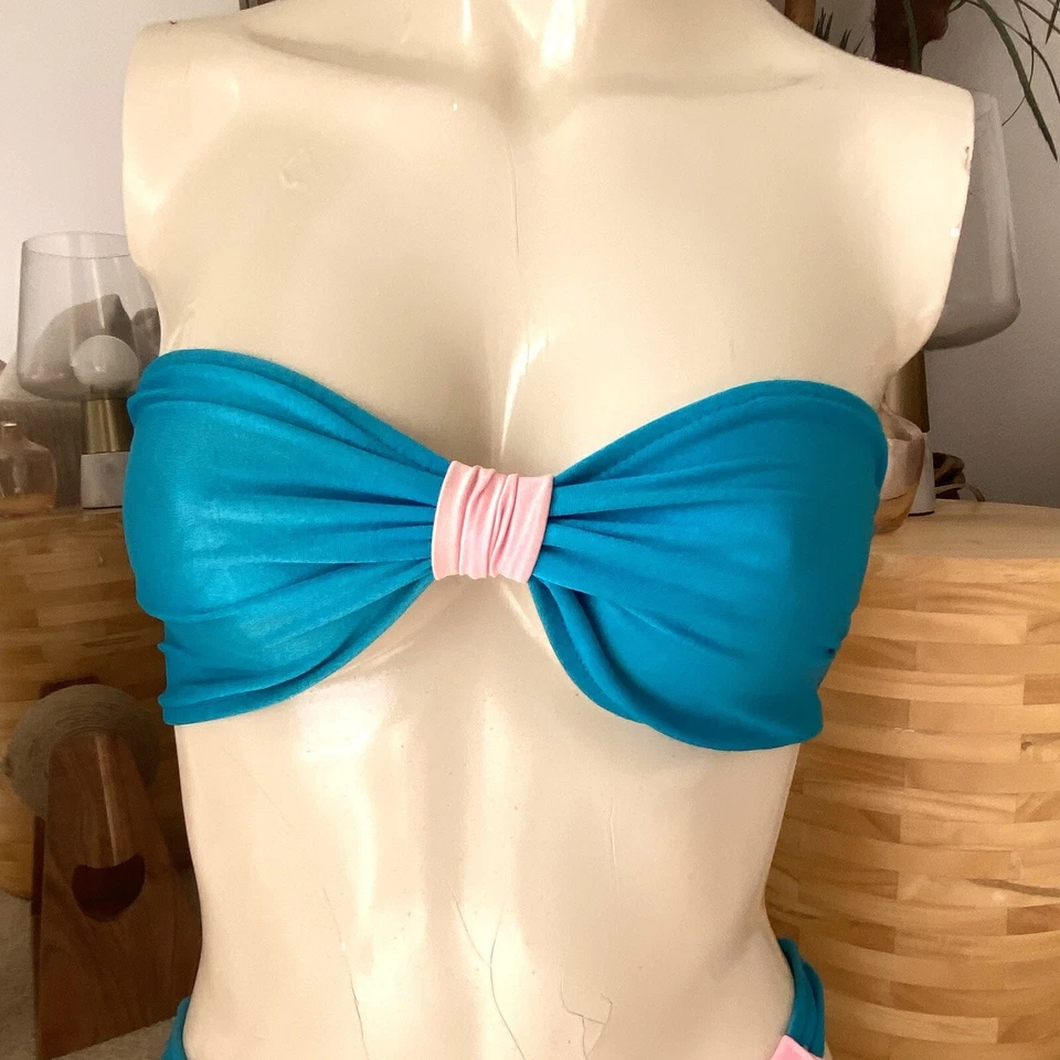 Vintage 80s Women’s Hi Cut Bandeau Bikini Bathing Suit Swimsuit S Turquoise - Image 3 of 4