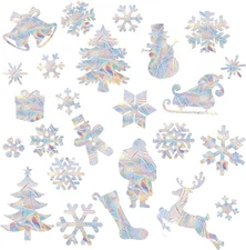 63 PCS Christmas Snowflake Window Clings – Holographic Rainbow Effect Christma