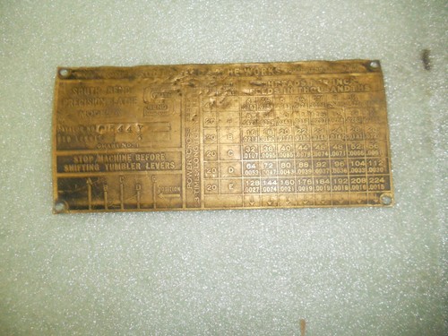 Original South Bend Model A Threading / Feed Chart, Chart #1 - Brass