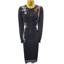 UK 10 Karen Millen Black Lace Overlay Floral Embroidered Pencil Occasion Dress