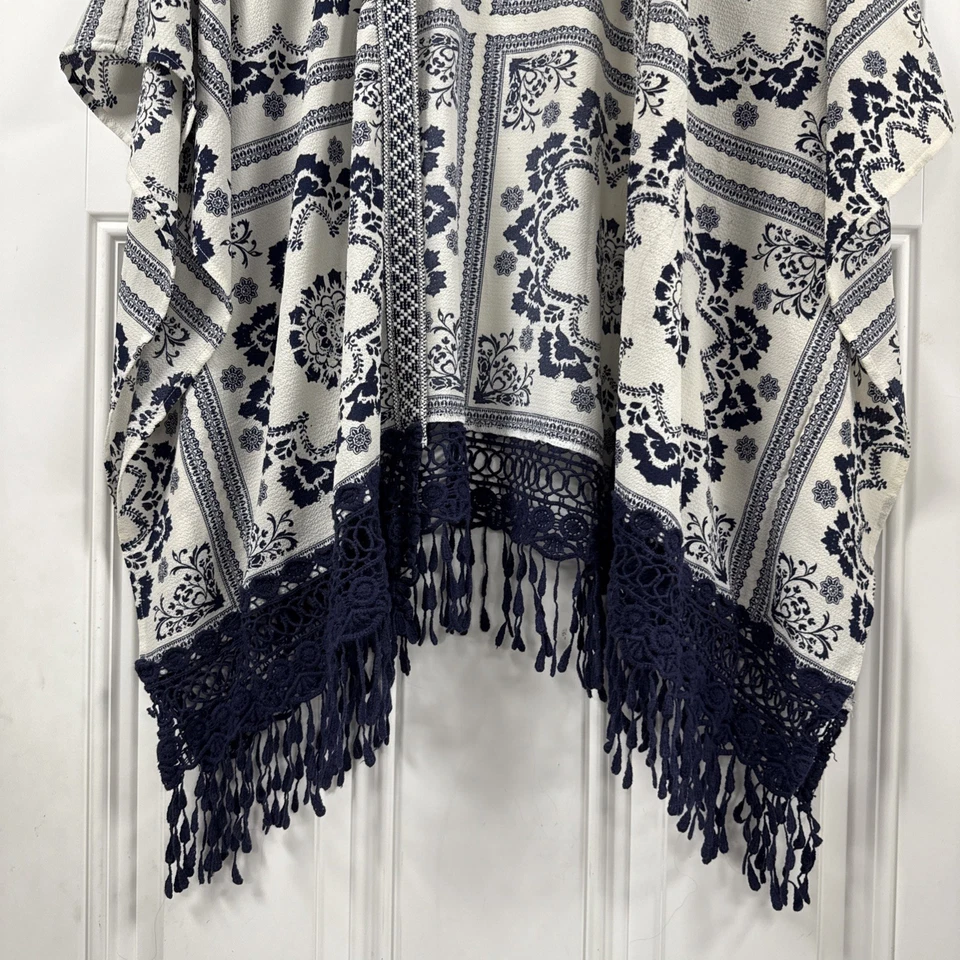 Jolt Womens Navy Blue White Cream Damask Tile Print Fringe Flared Cardigan Sz L - Image 4 of 4