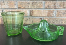 Vintage Uranium Green Depression Glass Juicer & Measuring Cup Set Sunkist 1930s