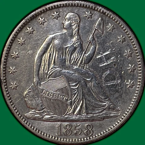 1858-O Seated Liberty Half Dollar Almost Uncirculated AU Coin, Etching #35556
