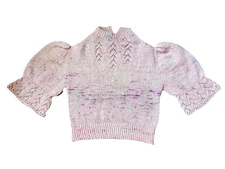 Handmade Women Knit Mohair Sweater Edwardian Cropped Blouse Puff Sleeves Pink