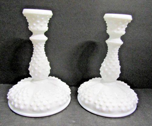 Fenton White Hobnail Milk Glass 7" Tall Candlestick Pair Candle Holders 5" Base