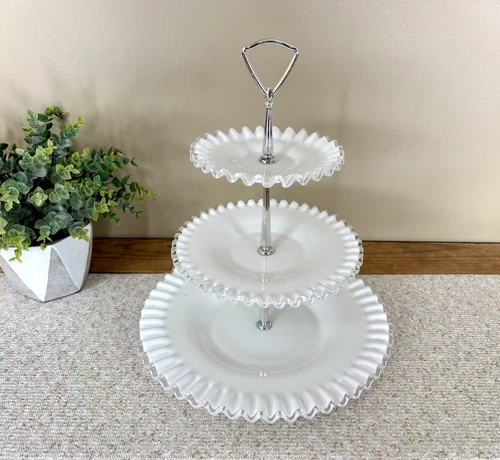 Fenton Vintage Milk Glass Silver Crest 3 Tier Ruffled Tidbit Tray- 14”