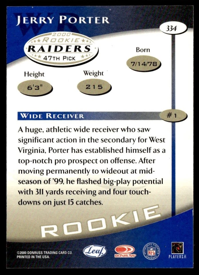 2000 Quantum Leaf Jerry Porter RC Oakland Raiders #334 - Image 2 of 2