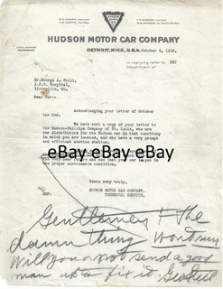 RARE Hudson Motor Car Co. Letter to Dr. George Still ASO Kirksville MO