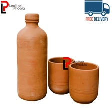 Miiti Terracotta Clay Water Bottle with 2 Glasses Set Natural Cooling Eco Friend