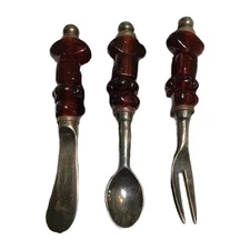 VTG Ruby Red Stone Handle Utensils (Set of 3) - Murano MCM Style Dessert Cutlery