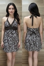 Y2K A. Byer Zebra Print Mini Dress L Halter Tie Back Brown & Beige Made in USA