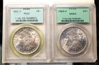 Pair of 1883 O & 1884 O Morgan Silver Dollars - PCGS Graded Green Label MS64 !!