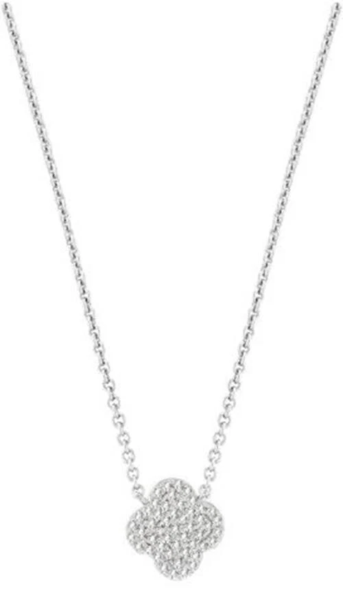 ESTATE .16CT DIAMOND 18KT WHITE GOLD 3D FOUR LEAF CLOVER CLASSIC FLOWER NECKLACE