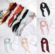 Women Chiffon Skinny Scarf Long Solid Color Faux Satin Silk Ribbon Tie Neck Bag