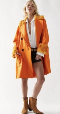 Free People Roxy Wool Coat Fur Collar Trim Front Pockets Orange Large NWD $358