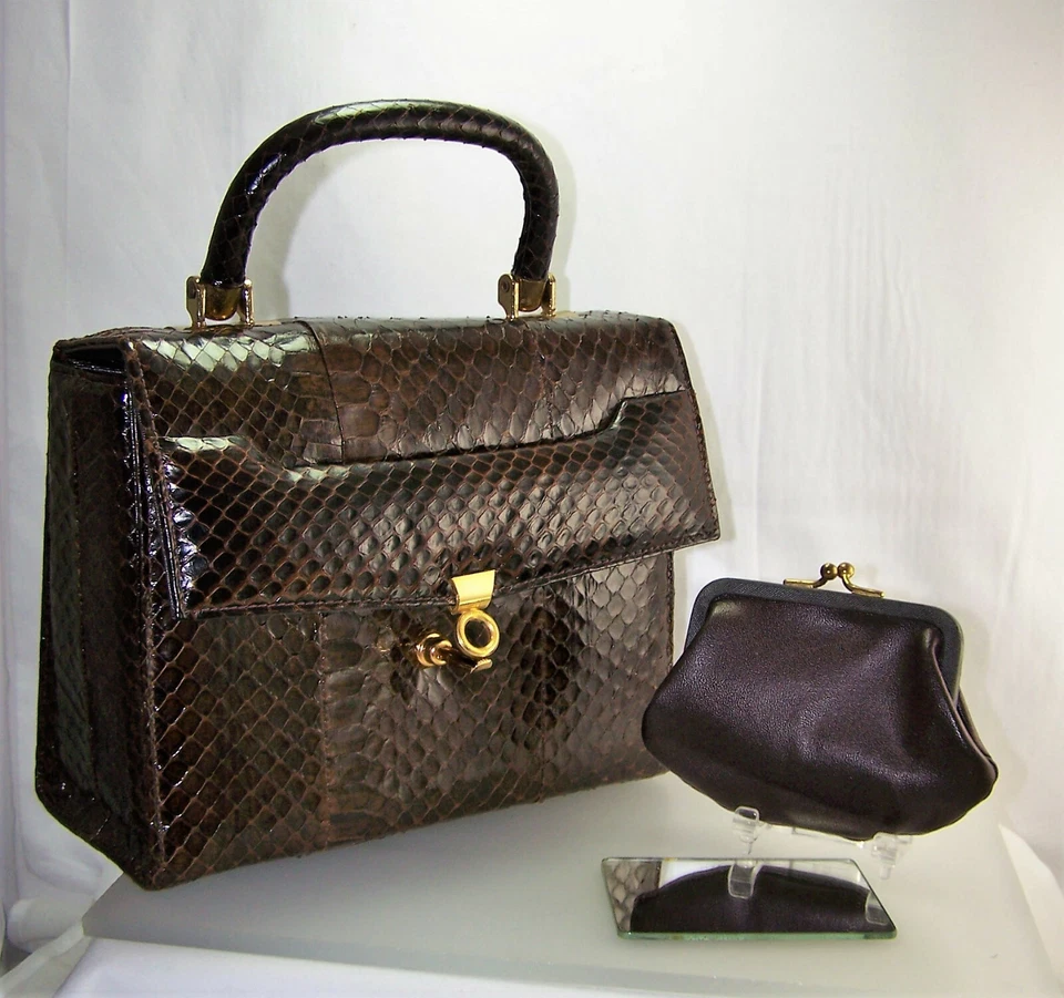 复古 20 世纪 60 年代棕色蛇皮手提包结构化钱包带更换钱包很棒! — 第 2/4 张图片