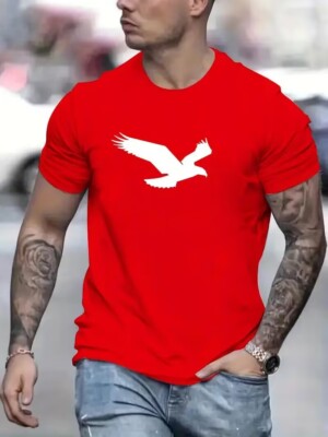 Eagle Print Men's Short Sleeve T-Shirt Fashion Comfortable Stretch Fit Red