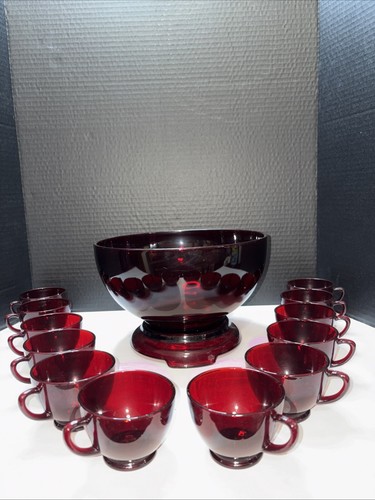 Vtg Anchor Hocking Royal Ruby Red 14 Pc Punch Bowl Set With Pedistal