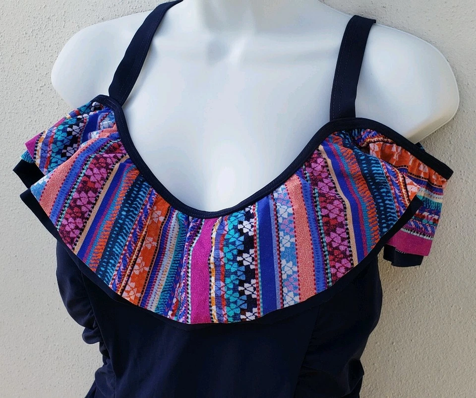 Traje de baño Profile para mujer de una pieza azul marino talla 20W volante sobre el hombro NUEVO Foto 2 de 4