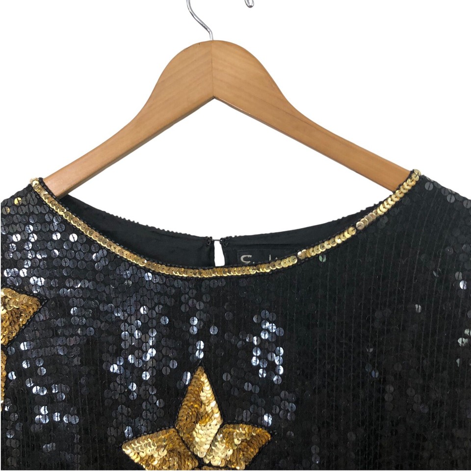Vintage 1980s Silk Black Gold Sequin Star Top Tunic eBay