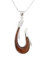 Hawaiian Koa Wood Fish Hook Necklace 925 Sterling Silver - 18" 925 Silver Chain