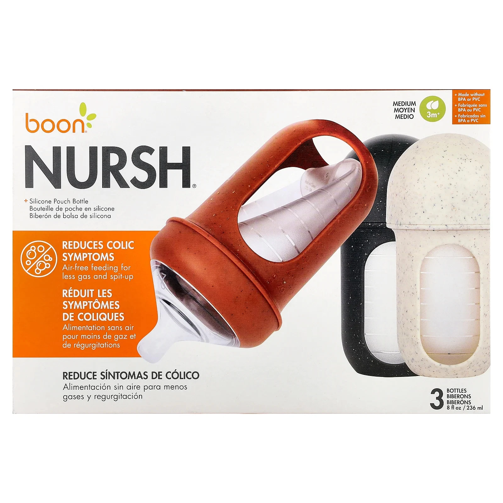 Nursh®, Silicone Pouch Bottle, Medium, 3 Months +, 3 Bottles, 8 oz (236 ml) Each