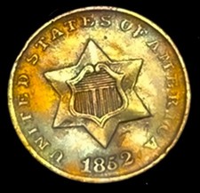 1852 3 Cent Silver Trime 3c RPD Mint Error High Grade AU-UNC Details Toned