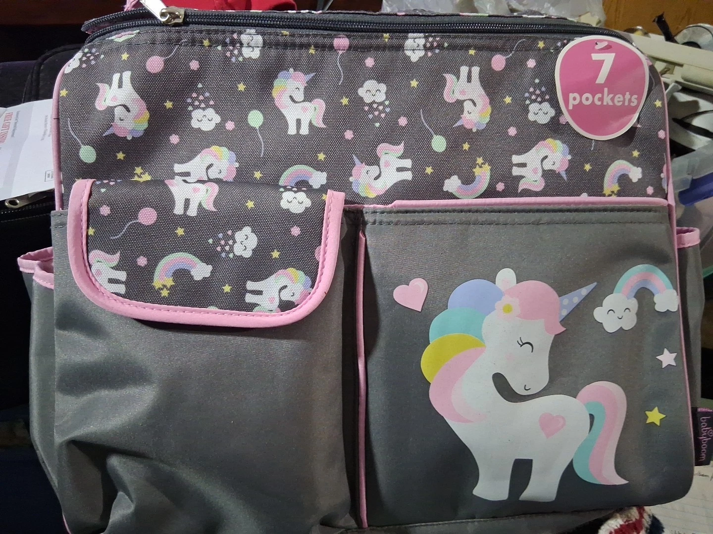 New Baby Boom Happy Unicorn Diaper Bag Gray Pink 7 Pockets Adjustable Strap