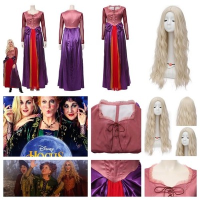Hocus Pocus 2 Sarah Sanderson Cosplay Pink Long Dress+Wigs Halloween party sets