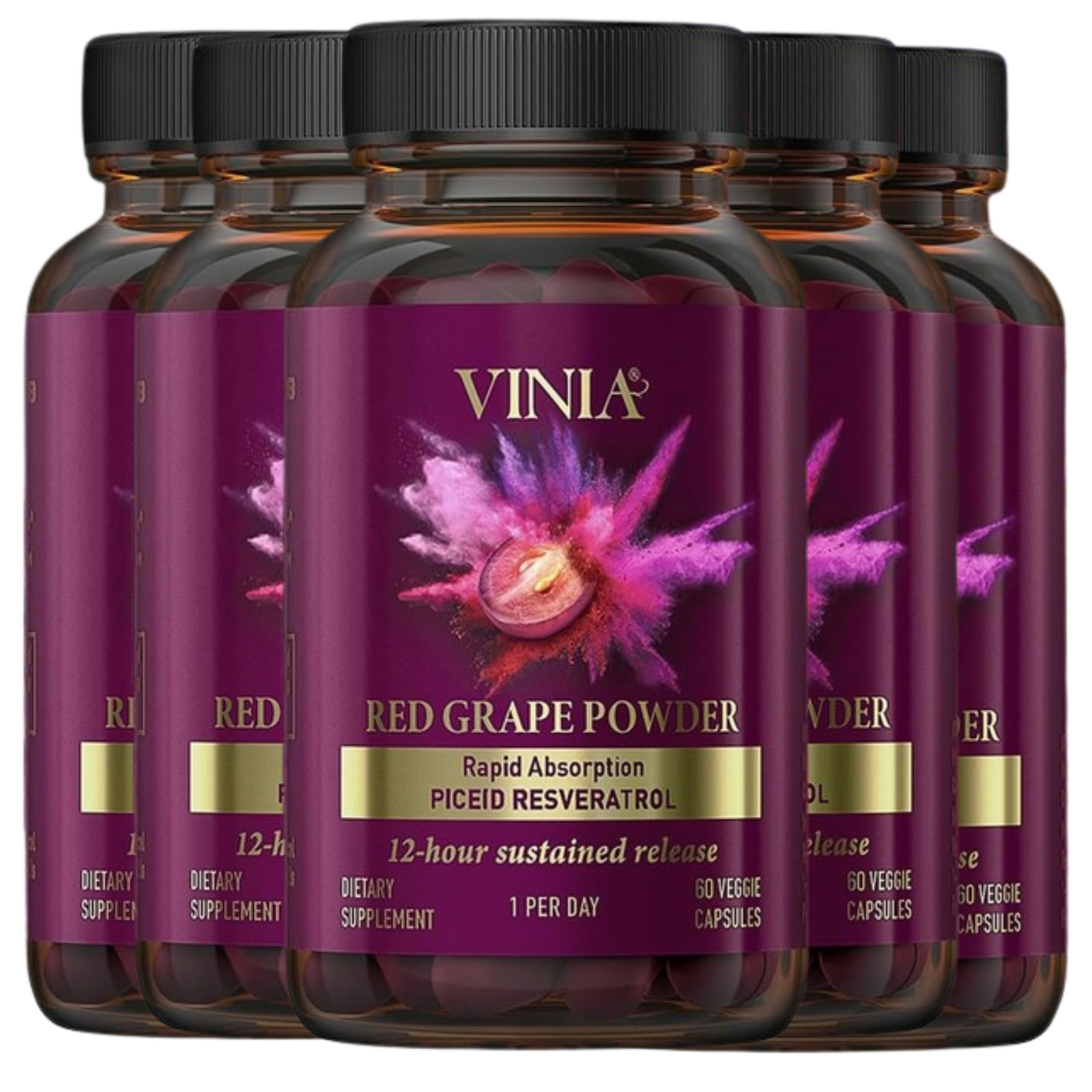Vinia Red Grape Powder Rapid Absorbtion Piceid Resveratrol 60 Capsules 5 Pack
