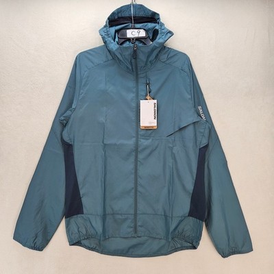 SALOMON MEN'S MEDIUM BONATTI CROSS WINDBREAKER ATLANTIC OCEAN BLUE HOODED JACKET