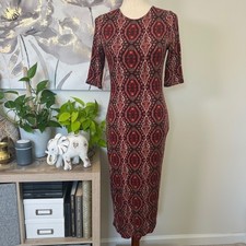Alice + Olivia Dress 6 Burgundy Geometric Midi 3/4 Sleeve Bodycon Whimsigoth