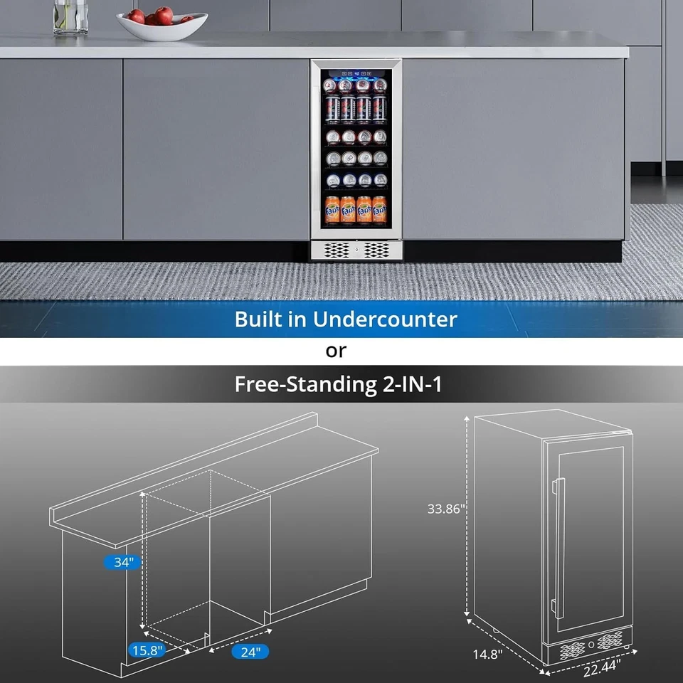 Refrigerador y refrigerador de bebidas de 96 latas con puerta de vidrio para el hogar, plateado Foto 3 de 4