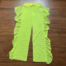 Vintage Y2K Mesh Pants Medium Neon Green Ruffle Flare Sheer Rave Cyber Party