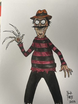 Bob Belcher Freddy Krueger  Mash Up Original Art Drawing By Frank Forte Horror